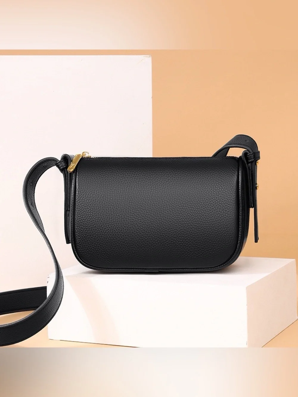 Classic Black Genuine Leather Crossbody Bag - Sleek Everyday Shoulder Purse